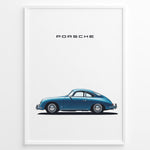 Ladda upp bild till gallerivisning, Framed minimalist poster of a blue Porsche 356 classic car side view with “Porsche” text above.
