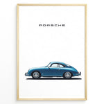 Ladda upp bild till gallerivisning, Framed minimalist poster of a blue Porsche 356 classic car side view with “Porsche” text above.
