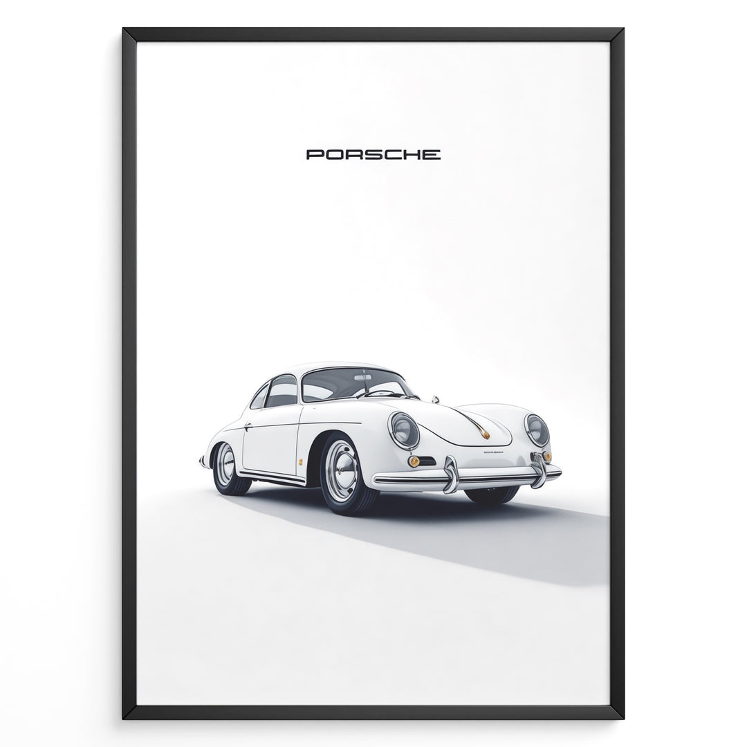 Framed minimalist poster of a white Porsche 356 classic car angled from the front with “Porsche” text above.