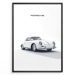 Ladda upp bild till gallerivisning, Framed minimalist poster of a white Porsche 356 classic car angled from the front with “Porsche” text above.
