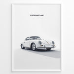 Ladda upp bild till gallerivisning, Framed minimalist poster of a white Porsche 356 classic car angled from the front with “Porsche” text above.
