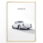 Ladda upp bild till gallerivisning, Framed minimalist poster of a white Porsche 356 classic car angled from the front with “Porsche” text above.
