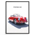 Ladda upp bild till gallerivisning, Framed minimalist poster of a red Porsche 356 Speedster convertible with “Porsche” text above.
