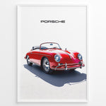 Ladda upp bild till gallerivisning, Framed minimalist poster of a red Porsche 356 Speedster convertible with “Porsche” text above.
