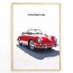 Ladda upp bild till gallerivisning, Framed minimalist poster of a red Porsche 356 Speedster convertible with “Porsche” text above.
