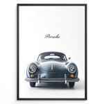 Ladda upp bild till gallerivisning, Framed minimalist poster of a dark blue Porsche 356 classic car front view with “Porsche” text above.
