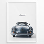 Ladda upp bild till gallerivisning, Framed minimalist poster of a dark blue Porsche 356 classic car front view with “Porsche” text above.
