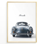 Ladda upp bild till gallerivisning, Framed minimalist poster of a dark blue Porsche 356 classic car front view with “Porsche” text above.
