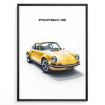 Ladda upp bild till gallerivisning, Framed minimalist poster of a yellow Porsche 911 classic sports car angled from the front with “Porsche” text above.
