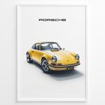 Ladda upp bild till gallerivisning, Framed minimalist poster of a yellow Porsche 911 classic sports car angled from the front with “Porsche” text above.
