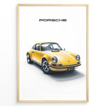 Ladda upp bild till gallerivisning, Framed minimalist poster of a yellow Porsche 911 classic sports car angled from the front with “Porsche” text above.
