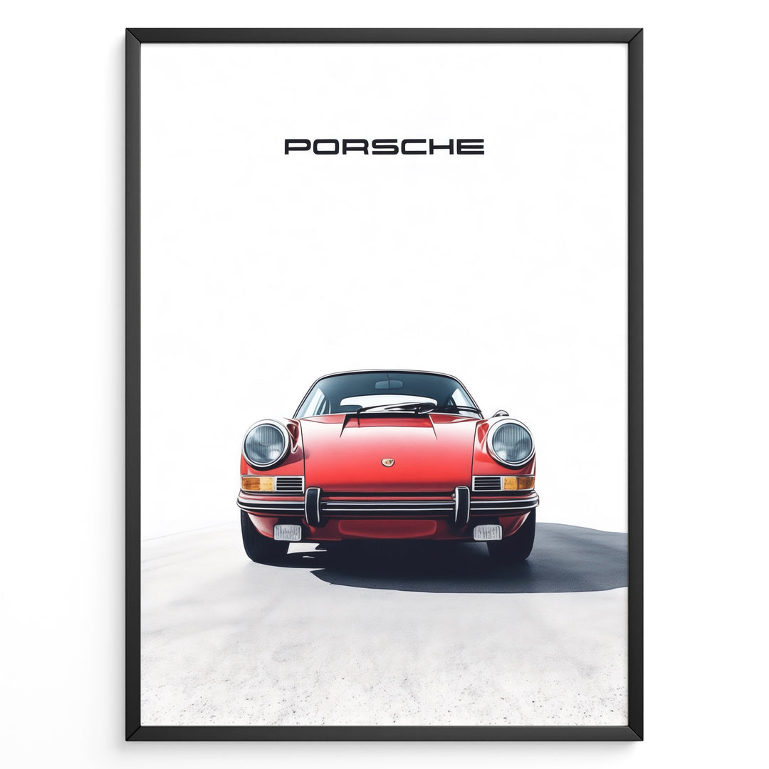 Framed minimalist poster of a red Porsche 911 classic car front view with “Porsche” text above.