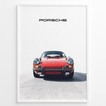Ladda upp bild till gallerivisning, Framed minimalist poster of a red Porsche 911 classic car front view with “Porsche” text above.
