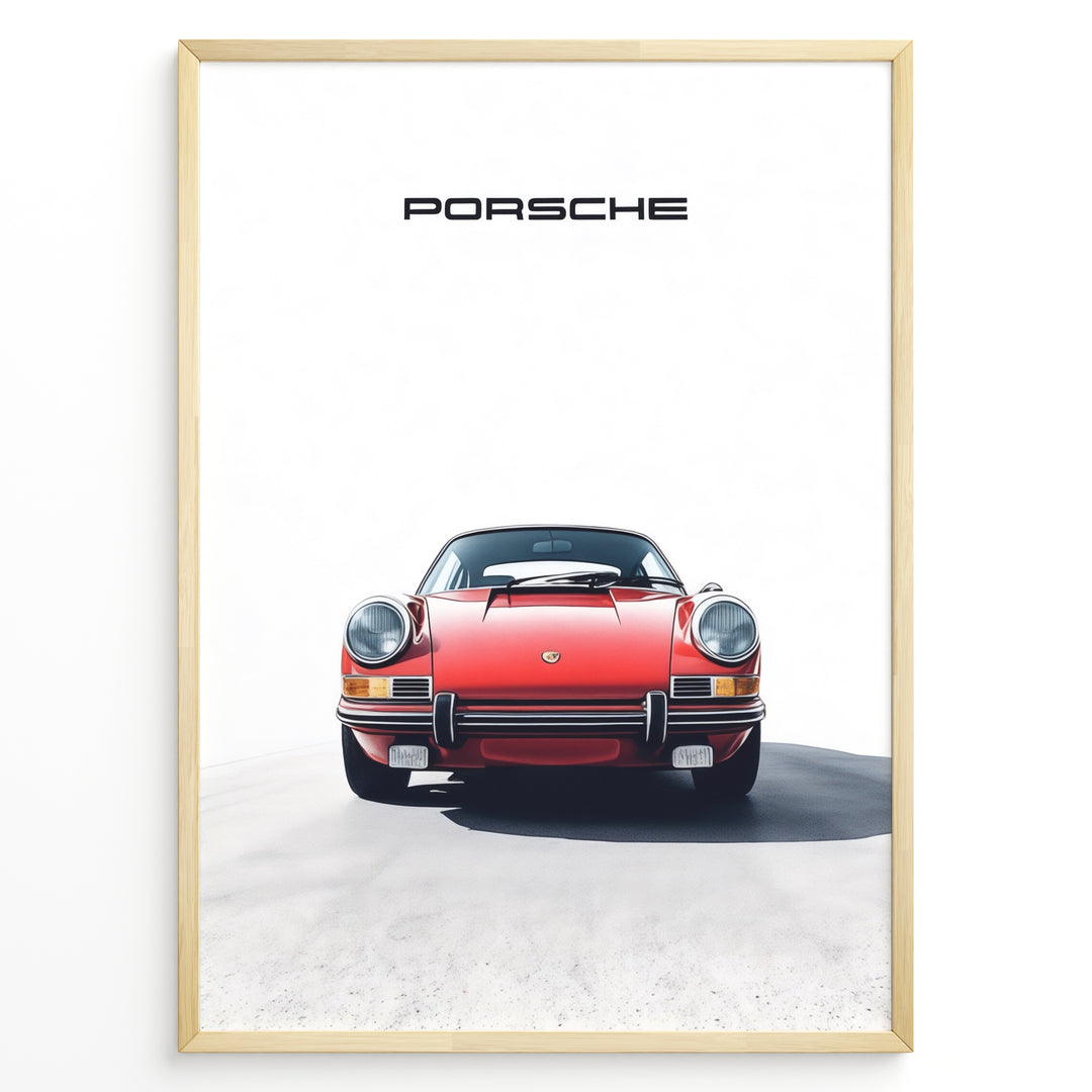 Framed minimalist poster of a red Porsche 911 classic car front view with “Porsche” text above.