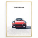 Ladda upp bild till gallerivisning, Framed minimalist poster of a red Porsche 911 classic car front view with “Porsche” text above.
