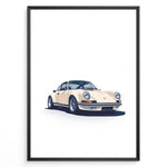 Ladda upp bild till gallerivisning, Framed minimalist poster of a cream Porsche 911 classic sports car angled from the front on a white background.
