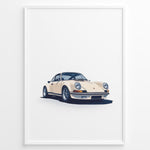 Ladda upp bild till gallerivisning, Framed minimalist poster of a cream Porsche 911 classic sports car angled from the front on a white background.
