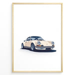 Ladda upp bild till gallerivisning, Framed minimalist poster of a cream Porsche 911 classic sports car angled from the front on a white background.
