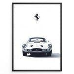 Ladda upp bild till gallerivisning, Framed minimalist poster of a white Ferrari 250 GTO classic car front view with Ferrari logo above.
