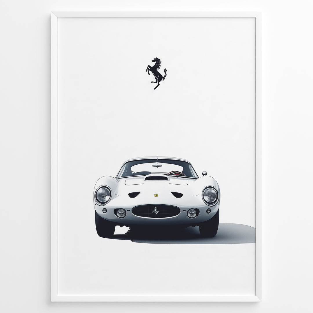 Framed minimalist poster of a white Ferrari 250 GTO classic car front view with Ferrari logo above.