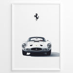 Ladda upp bild till gallerivisning, Framed minimalist poster of a white Ferrari 250 GTO classic car front view with Ferrari logo above.
