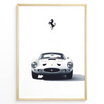 Ladda upp bild till gallerivisning, Framed minimalist poster of a white Ferrari 250 GTO classic car front view with Ferrari logo above.
