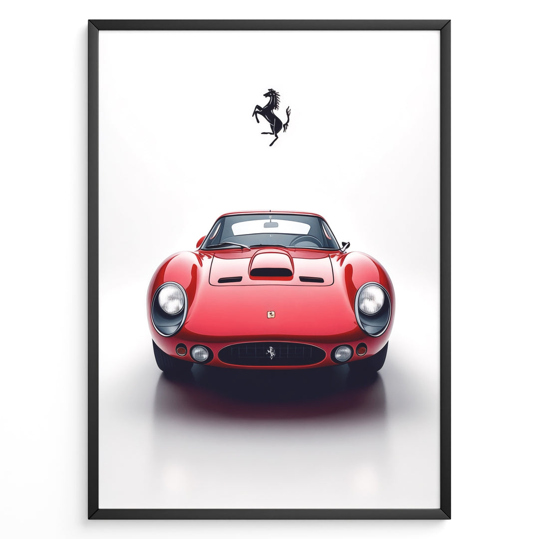 Framed minimalist poster of a red Ferrari 250 GTO classic car front view with black Ferrari logo above.