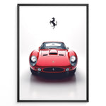 Ladda upp bild till gallerivisning, Framed minimalist poster of a red Ferrari 250 GTO classic car front view with black Ferrari logo above.
