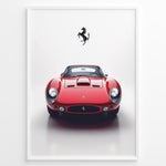 Ladda upp bild till gallerivisning, Framed minimalist poster of a red Ferrari 250 GTO classic car front view with black Ferrari logo above.
