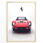 Ladda upp bild till gallerivisning, Framed minimalist poster of a red Ferrari 250 GTO classic car front view with black Ferrari logo above.
