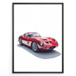Ladda upp bild till gallerivisning, Framed minimalist poster of a red Ferrari 250 GTO classic sports car angled from the front left on a white background.
