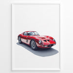 Ladda upp bild till gallerivisning, Framed minimalist poster of a red Ferrari 250 GTO classic sports car angled from the front left on a white background.
