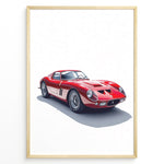 Ladda upp bild till gallerivisning, Framed minimalist poster of a red Ferrari 250 GTO classic sports car angled from the front left on a white background.
