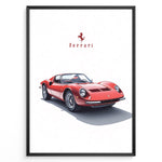 Ladda upp bild till gallerivisning, Framed minimalist poster of a red Ferrari Dino 246 GT classic sports car with Ferrari logo above on a white background.
