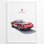 Ladda upp bild till gallerivisning, Framed minimalist poster of a red Ferrari Dino 246 GT classic sports car with Ferrari logo above on a white background.
