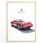 Ladda upp bild till gallerivisning, Framed minimalist poster of a red Ferrari Dino 246 GT classic sports car with Ferrari logo above on a white background.
