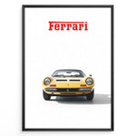 Ladda upp bild till gallerivisning, Framed minimalist poster of a yellow Ferrari Dino 246 GTS classic car front view with red Ferrari logo above on a white background.
