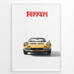 Ladda upp bild till gallerivisning, Framed minimalist poster of a yellow Ferrari Dino 246 GTS classic car front view with red Ferrari logo above on a white background.
