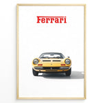 Ladda upp bild till gallerivisning, Framed minimalist poster of a yellow Ferrari Dino 246 GTS classic car front view with red Ferrari logo above on a white background.
