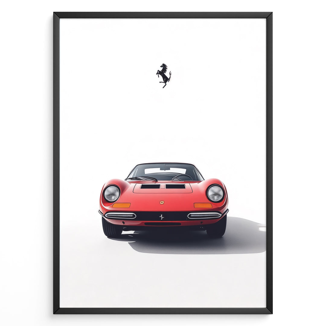 Framed minimalist poster of a red Ferrari Dino 246 GT classic sports car front view with black Ferrari prancing horse logo above.