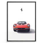 Ladda upp bild till gallerivisning, Framed minimalist poster of a red Ferrari Dino 246 GT classic sports car front view with black Ferrari prancing horse logo above.
