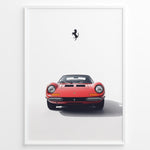 Ladda upp bild till gallerivisning, Framed minimalist poster of a red Ferrari Dino 246 GT classic sports car front view with black Ferrari prancing horse logo above.
