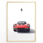 Ladda upp bild till gallerivisning, Framed minimalist poster of a red Ferrari Dino 246 GT classic sports car front view with black Ferrari prancing horse logo above.
