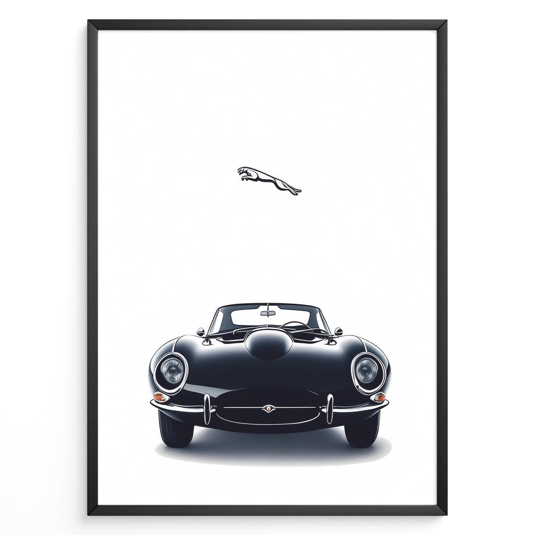 Framed minimalist poster of a black Jaguar E-Type classic sports car front view with the Jaguar leaping logo above on a white background.