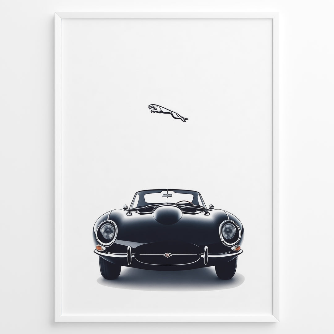 Framed minimalist poster of a black Jaguar E-Type classic sports car front view with the Jaguar leaping logo above on a white background.