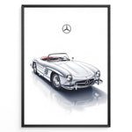 Ladda upp bild till gallerivisning, Framed minimalist poster of a silver Mercedes-Benz 300SL Roadster classic convertible with red seats and Mercedes logo above on white background.
