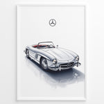 Ladda upp bild till gallerivisning, Framed minimalist poster of a silver Mercedes-Benz 300SL Roadster classic convertible with red seats and Mercedes logo above on white background.
