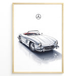 Ladda upp bild till gallerivisning, Framed minimalist poster of a silver Mercedes-Benz 300SL Roadster classic convertible with red seats and Mercedes logo above on white background.
