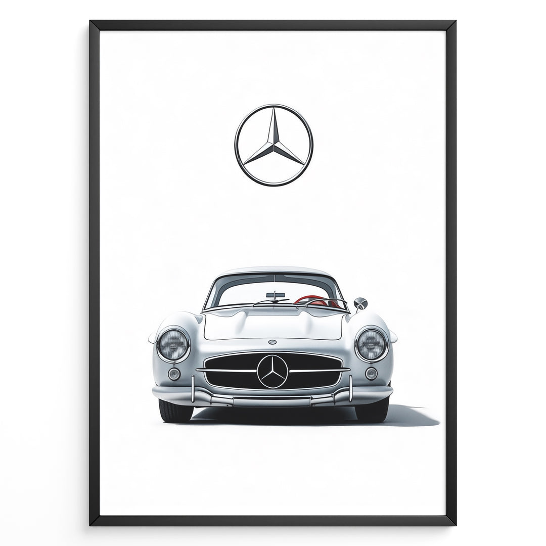 Framed minimalist poster of a silver Mercedes-Benz 300SL classic sports car front view with large Mercedes logo above on white background.