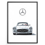 Ladda upp bild till gallerivisning, Framed minimalist poster of a silver Mercedes-Benz 300SL classic sports car front view with large Mercedes logo above on white background.
